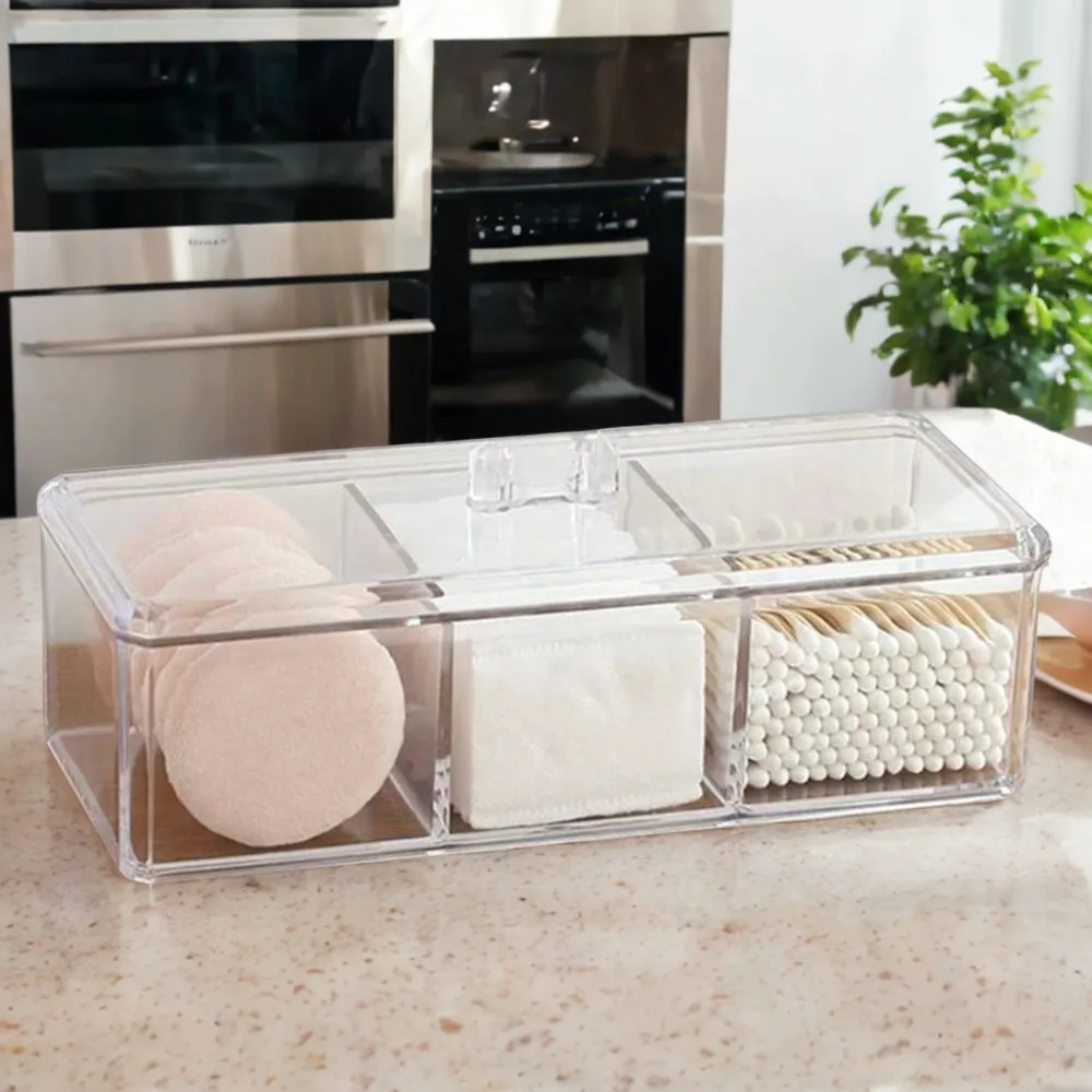 Transparent Acrylic Makeup Organizer Cosmetic Storage Box with Three-color Cotton Swab and Cotton Pad Compartments for Desktop O