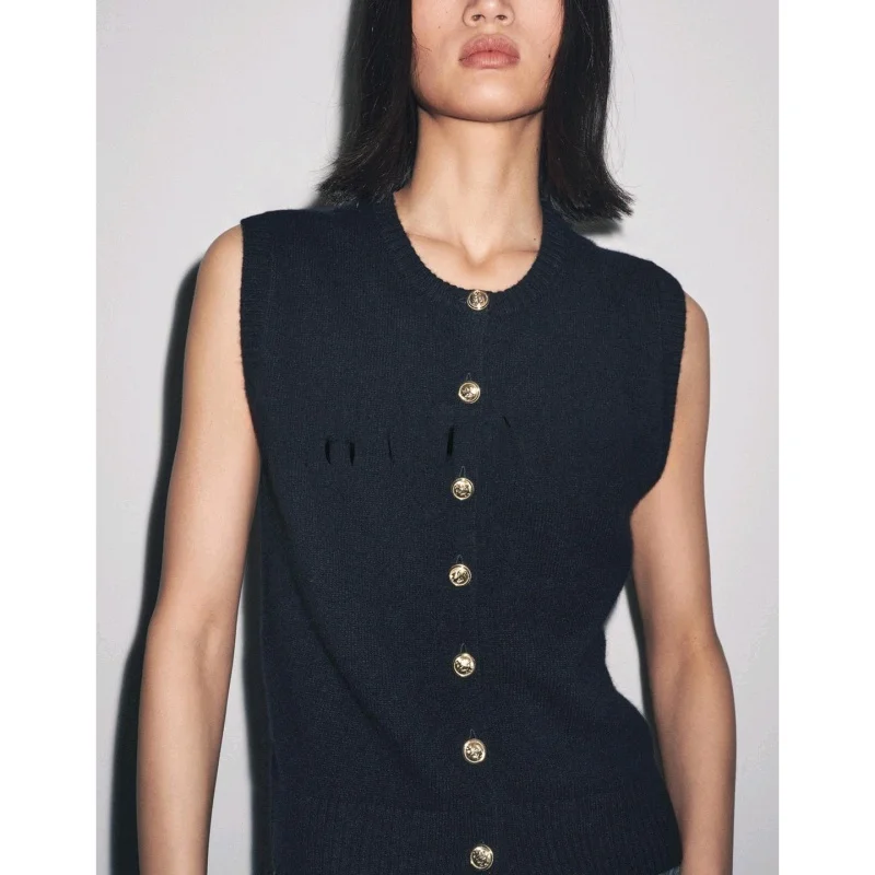 Neue Herbst frauen runde Ne Svel Weste Mit Knöpfen Rippen Gestrickte Casual Sle Polyester Faser Oberbekleidung