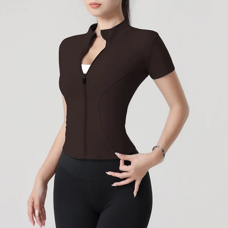 Casual Slim Fit Women's Sports Top Zip Front Short Sleeve Workout Shirt Stand Collar Solid Color Yoga Top Summer