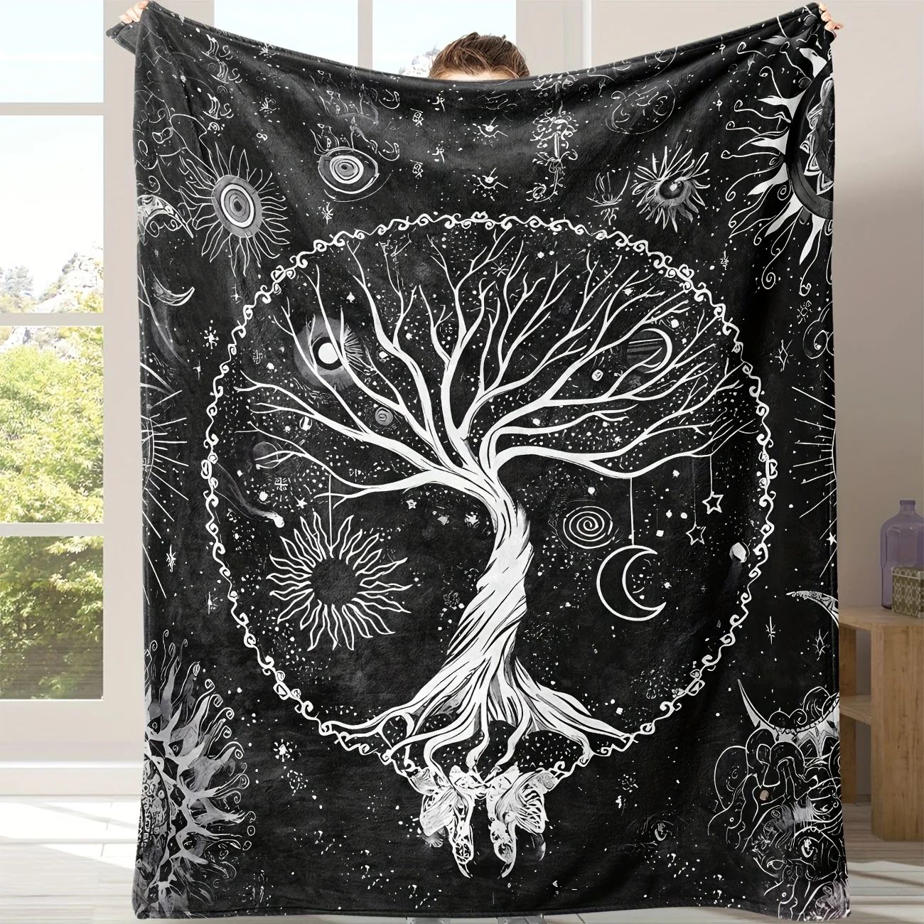 

1pc Black Blanket Life of Tree 3D Printed Blanket Flannel Warm Cozy Blanket Home Travel Birthday Gift Chair Sofa Room Decoration