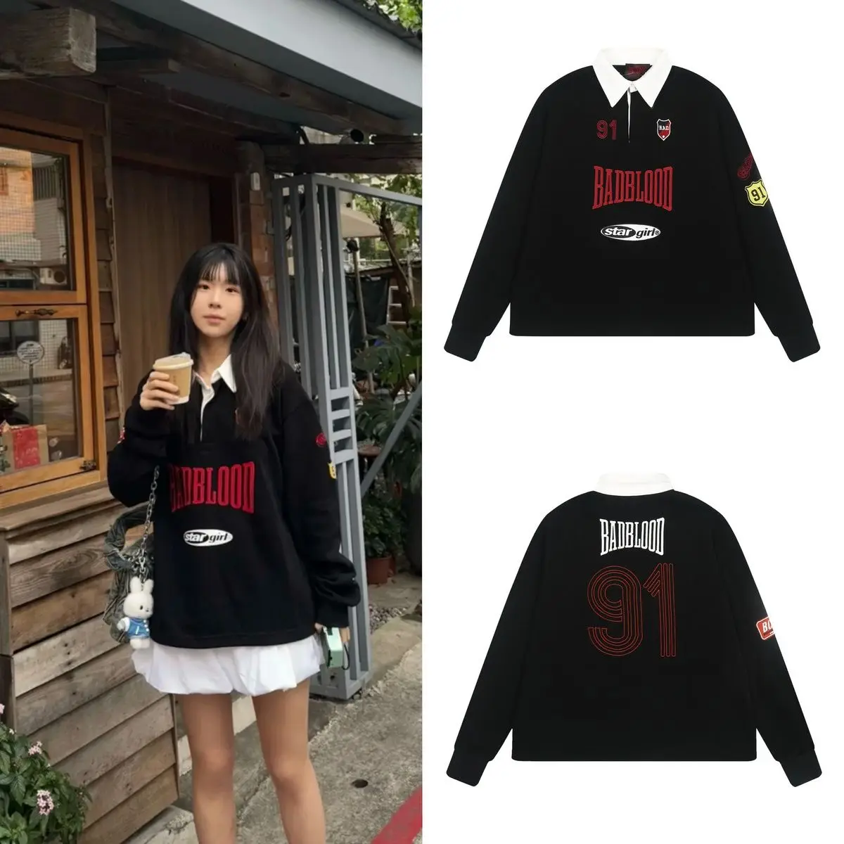 Bad Blood Saint Blood Rugby Shirt Contrast Collar Emblem Embroidery Womens Korean