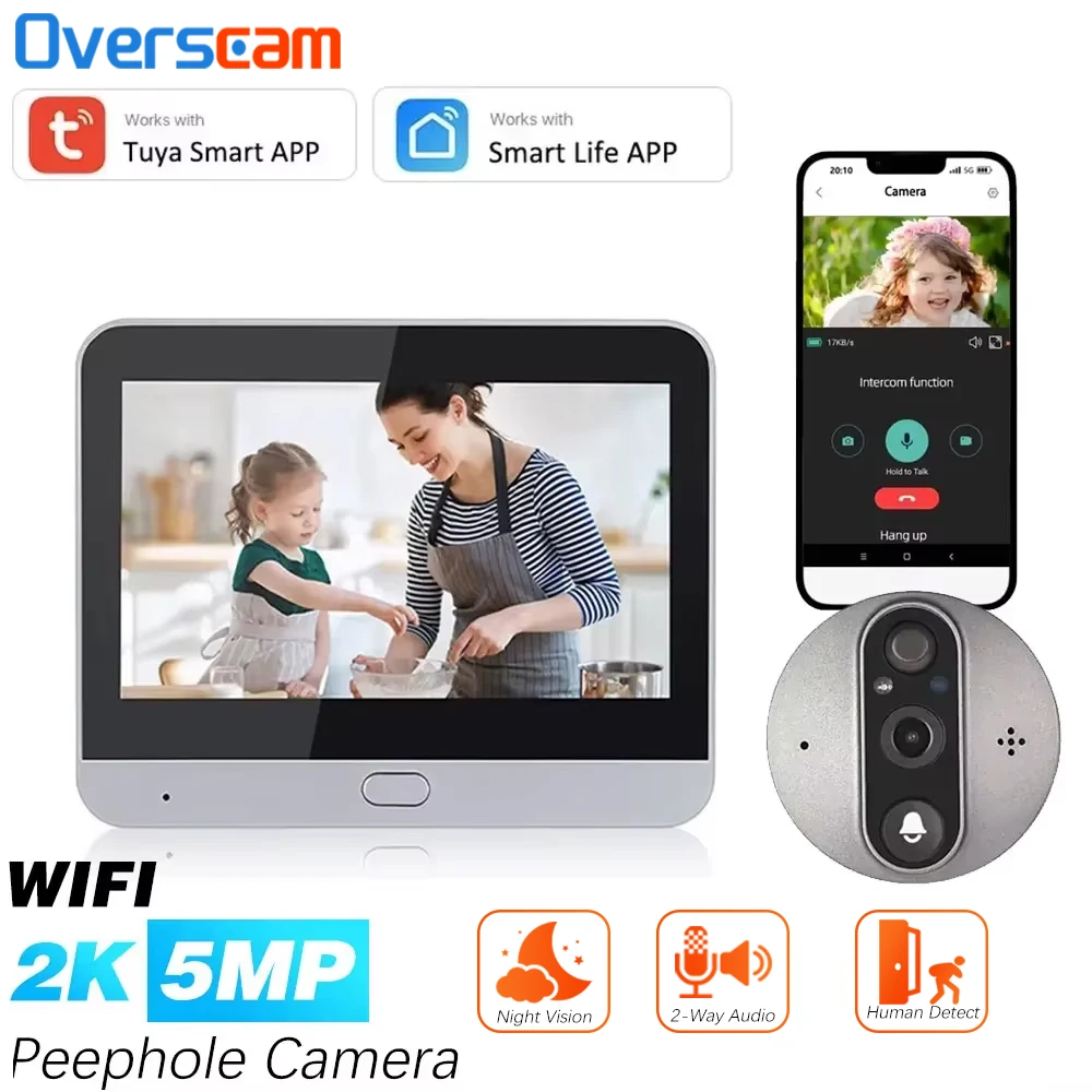 Tuya SmartLife 5MP Button Doorbell 5000mAh Wire-Free Peephole Door Eye Camera Video Intercom Home Security 4.3 Inch Baby Monitor