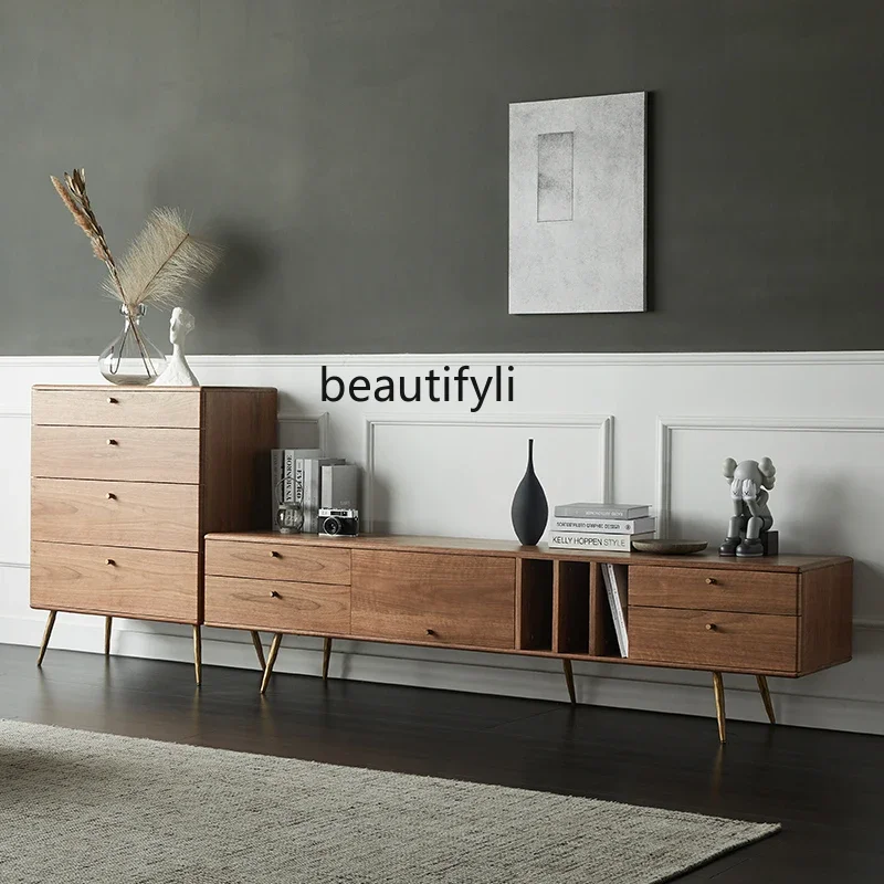 

Nordic TV Cabinet Modern Minimalist Living Room Small Apartment Coffee Table TV Cabinet Combination Solid Wood Floor Cabinet