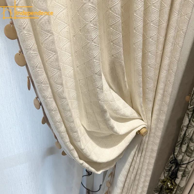 New Off White Diamond Pattern Chenille Curtains for Shading Living Room Bedroom French Window Balcony Customized Products