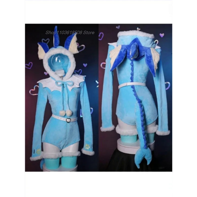 

Anime Vaporeon cosplay costume women sexy flannel hooded bodysuit tail socks suit bunny girl kawaii plush pajamas cute jumpsuit