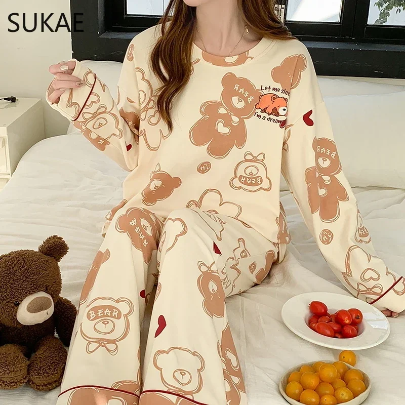 SUKAE New Korean Womens Long Sleeves Pajamas Set Sweet Faux Cotton Sleepwear Casual Woman\'s Homesuits Pullover Pijamas for Girl