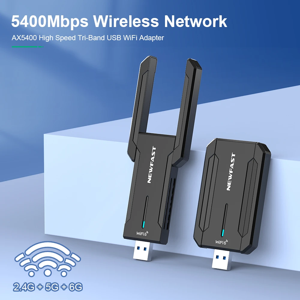 NEWFAST AX5400 WiFi 6 USB Adapter Dongle Tri-Band 2.4G/5G/6GHz USB3.0 Network Card WiFi Antenna For Laptop Win10/11 Driver Free
