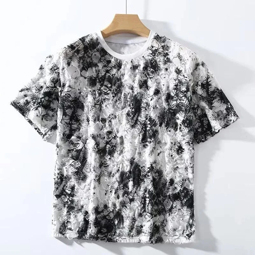 Summer New Men's Rendering Hole Short-Sleeved T-Shirt Retro Trend Fashion Street Hip-Hop Loose Casual Niche Breathable Mens Tops
