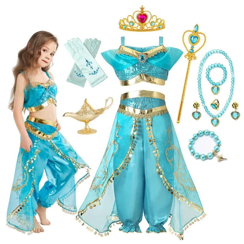 Abito da principessa Jasmine per ragazze Festa di compleanno Carnevale Cosplay Lampada magica di Aladino Costume Abiti per bambini Set Abiti Abbigliamento