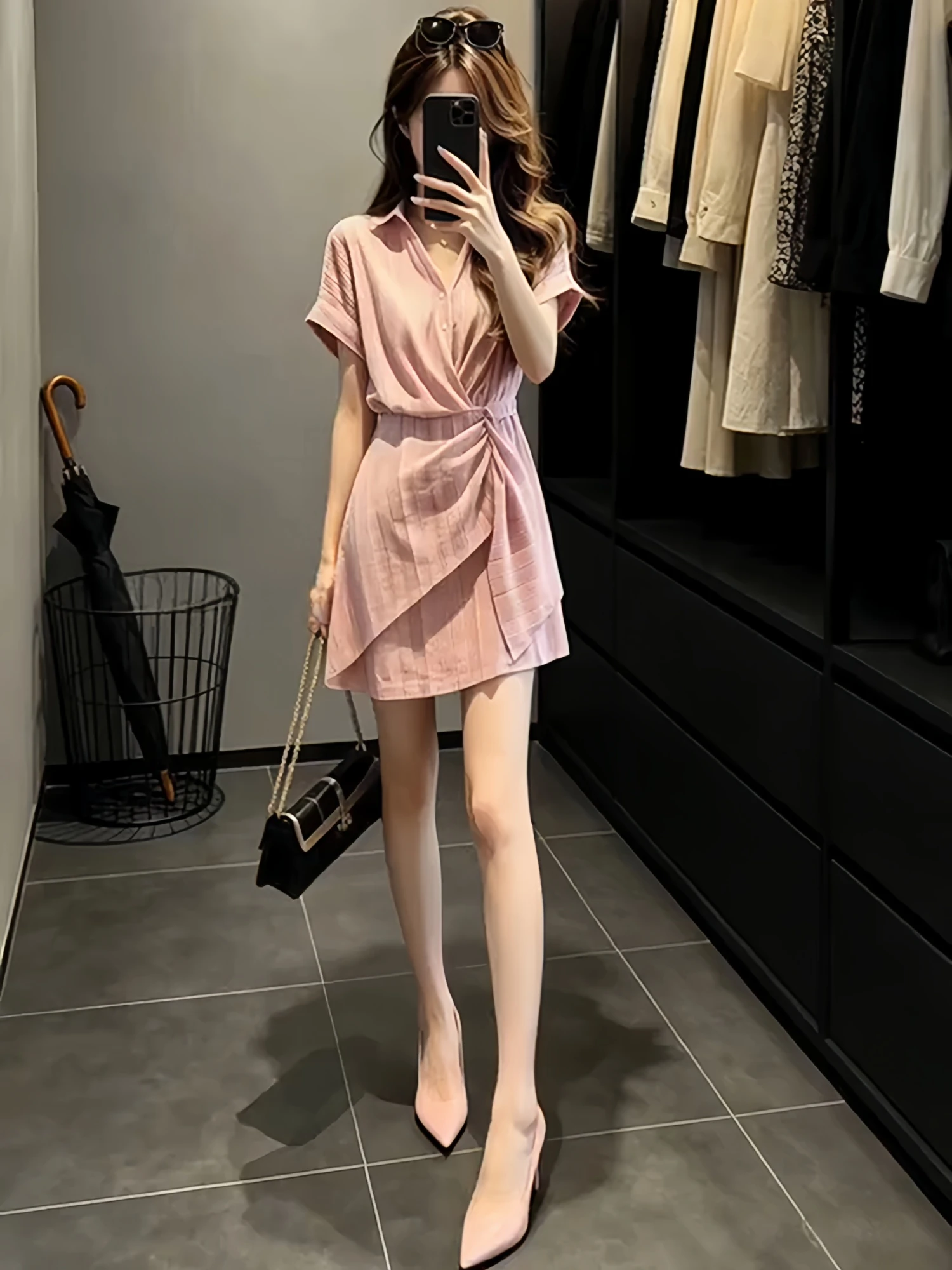 Summer Pink Striped Shirt Dress Women's Unique Beautiful Short Skirt Vintage Style High Waist A-Line Casual Loose Fit Dress