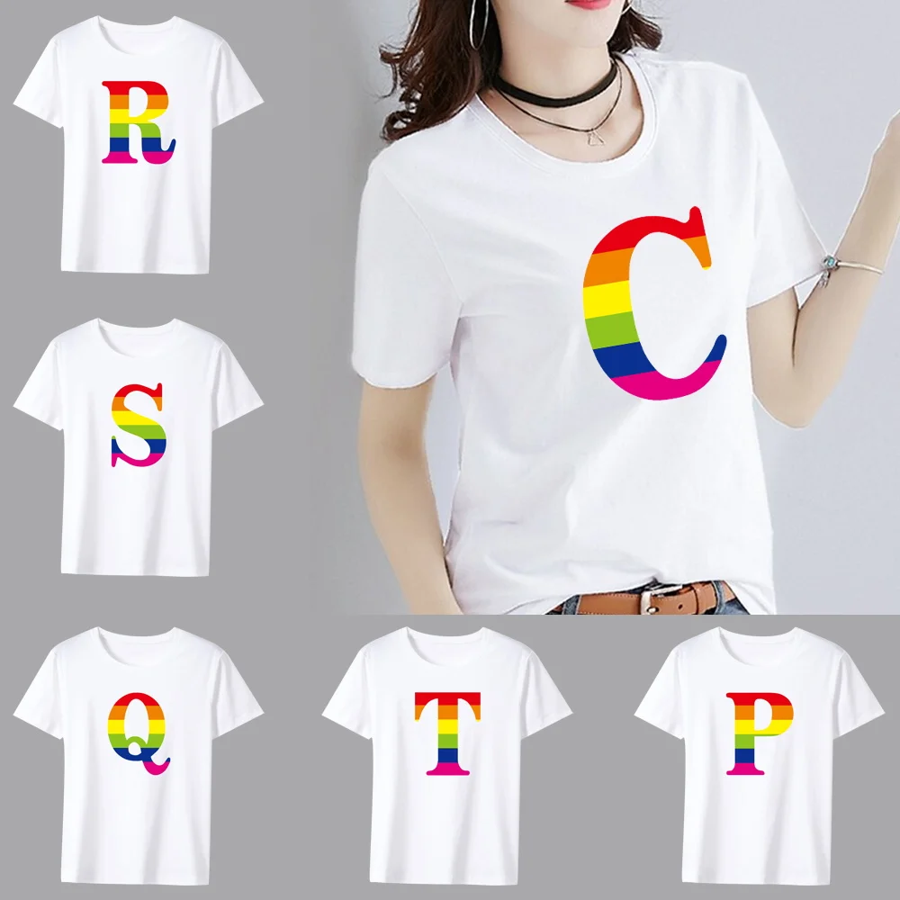 Vintage T Shirts for Women Rainbow Letter Name Print Tee Top Short Sleeve Hip Hop O-Neck T Shirts Women Clothing Camiseta