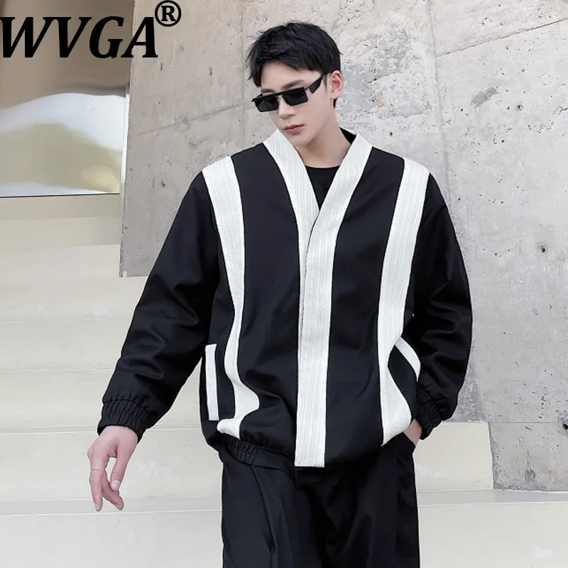 WVGA Spring Autumn New Men Tide Patchwork Color Block Striped Trendy Collarless Blazer Niche Chic Casual Suit Jackets Ins W16203