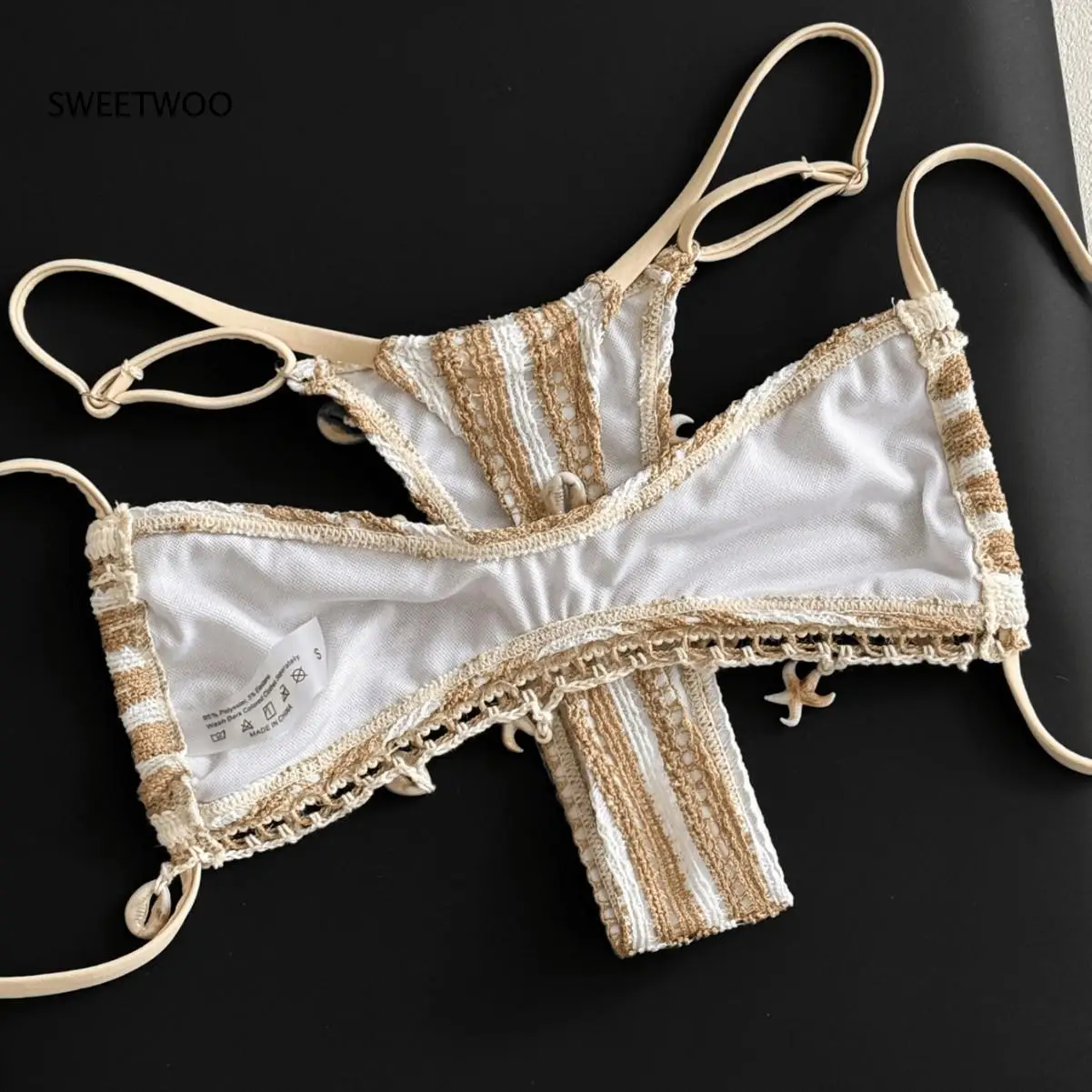 Two Tone Striped Hollow Crochet Bandeau Bikini Set With Hanging Starfish Shell Tassel Decor Adjustable Shoulder Straps For Women