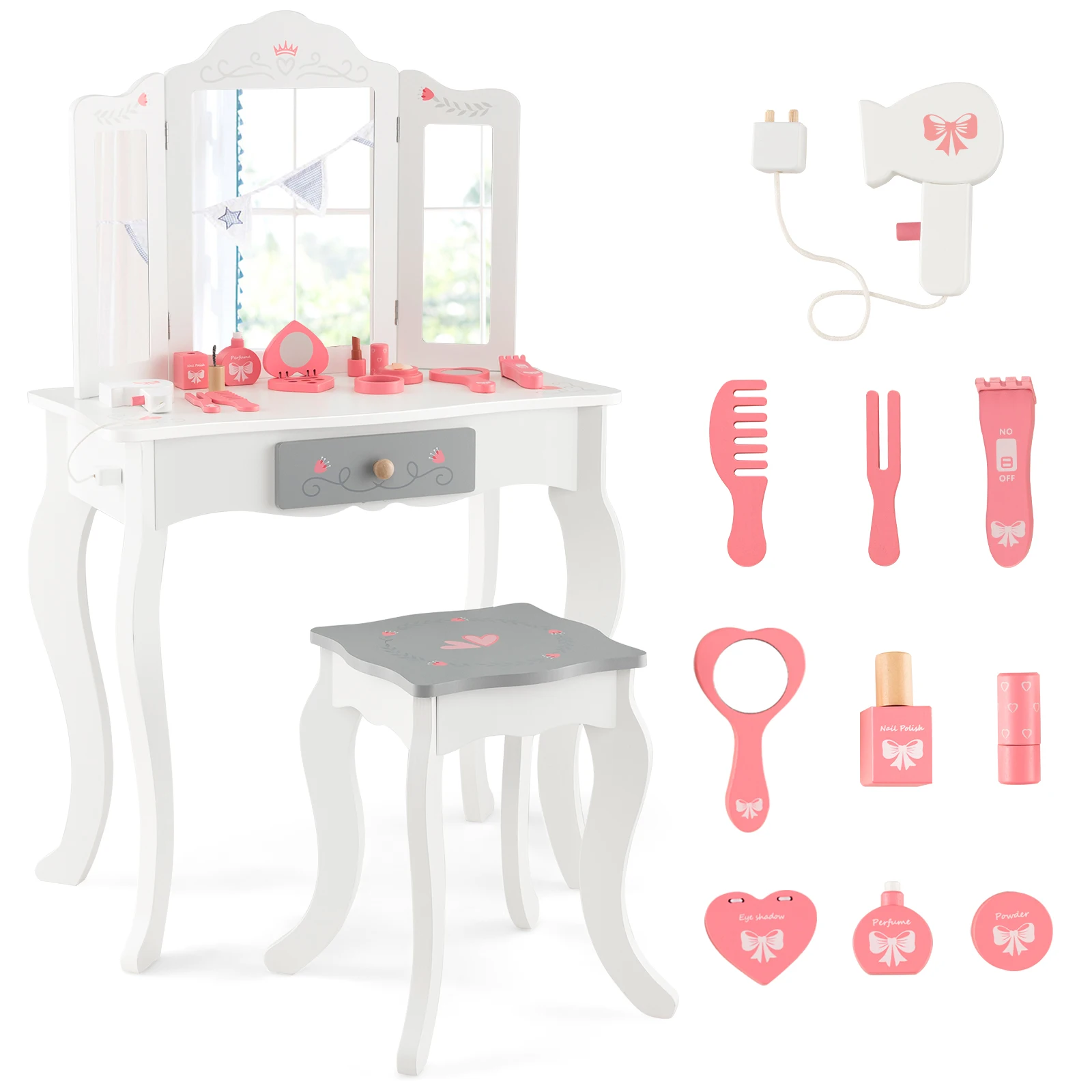 

Kids Vanity Set Makeup Table & Chair Tri-folding Mirror Sweet Accessories White