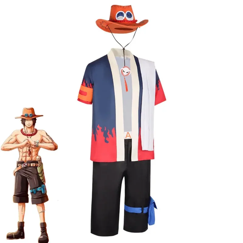 Аниме Portgas D Ace Косплей Костюм Огненный кулак Ace Fantasia Халат Рубашка с короткими рукавами Униформа Шорты Шляпа Мужской Карнавальный комплект на Хэллоуин