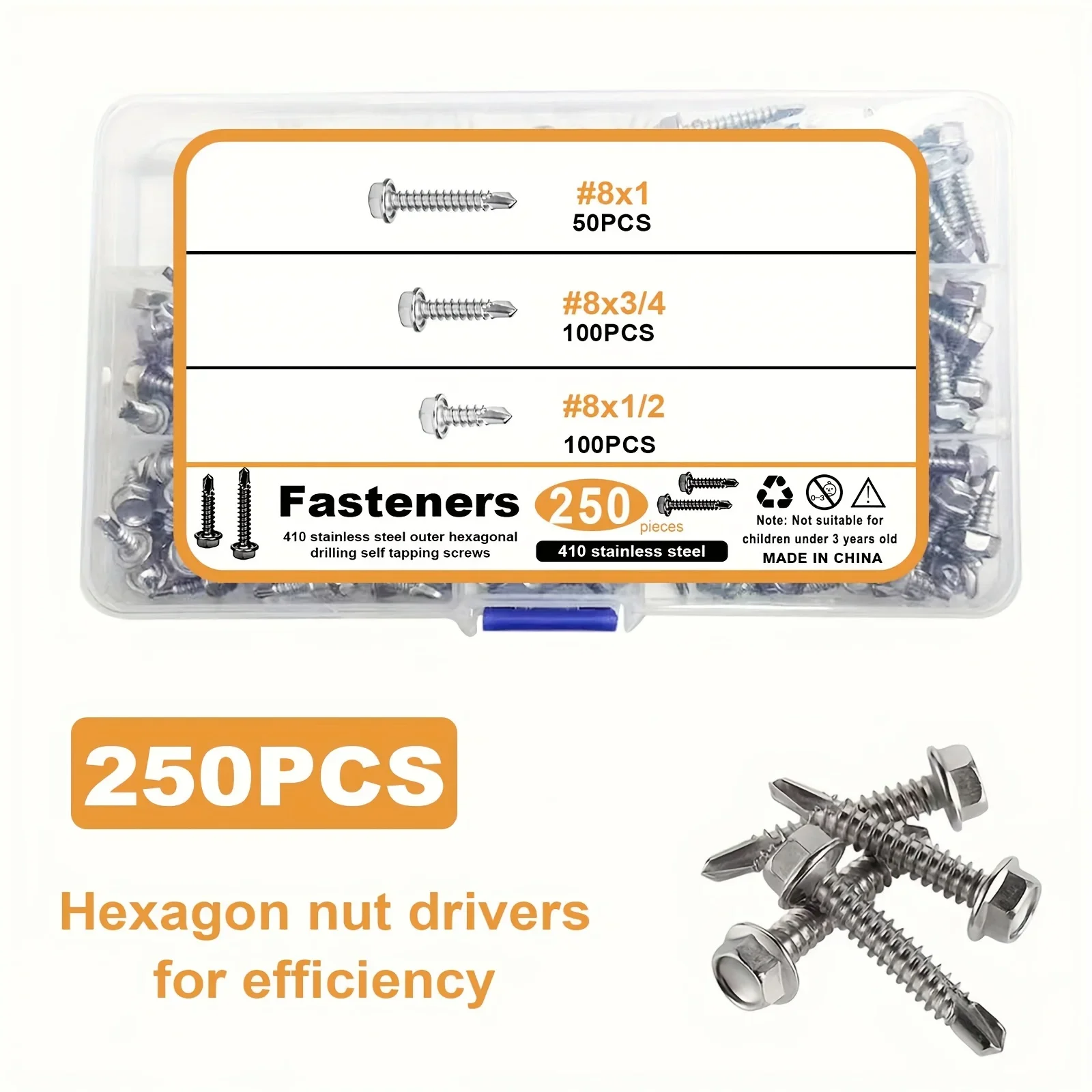 250 Pieces of 410 Stainless Steel Hexagonal Screws with Washers and Self-Tapping Drill Tail Screws (#8x1, #8x3/4, #8x1/2)