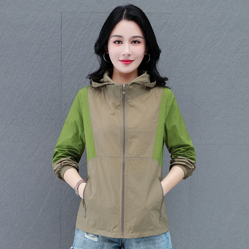 New Women'S Spring Summer Fashion Color Blocked Ice Silk Quick Drying Sunscreen Clothes Loose Casual Outdoor Uv Protective Coat