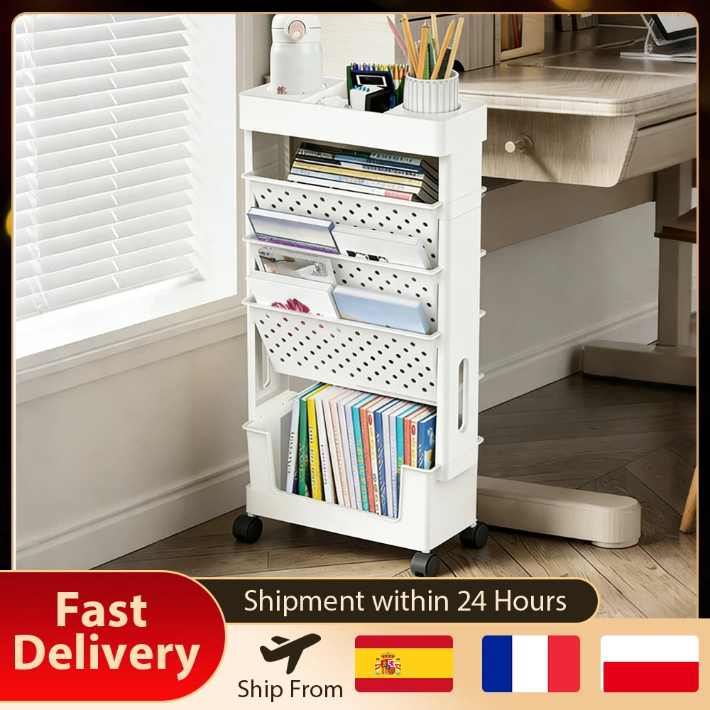 Estante de almacenamiento de revistas y periódicos extraíble de 5 niveles, estante de almacenamiento de libros con ruedas, estantería junto a la mesa para escuela, aula, oficina
