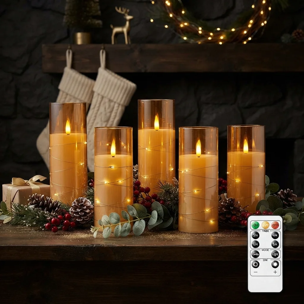 5Pcs Gold Battery Operated Flameless LED Candles Timer Flickering Acrylic Shell Embedded Star String Christmas Home Party Decor