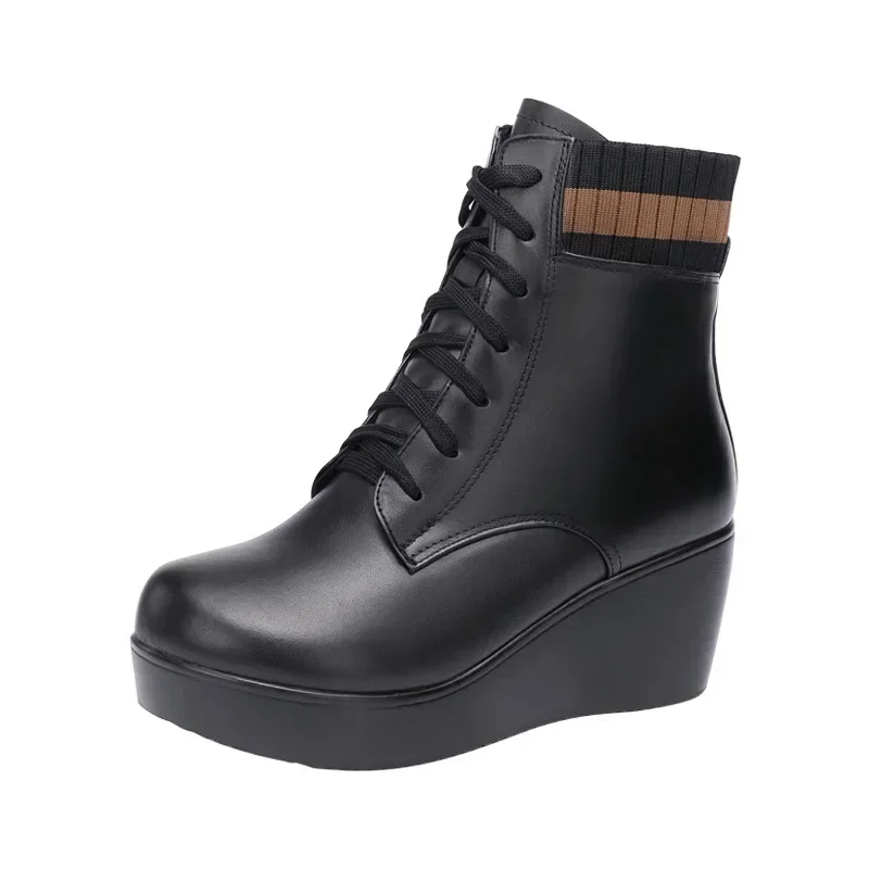 6cm Small Size 32-43 Thick Bottom Soft Leather Platform Wedges Shoes Ankle boots 2024 Winter Flexible Med Heels Boots Office Mom