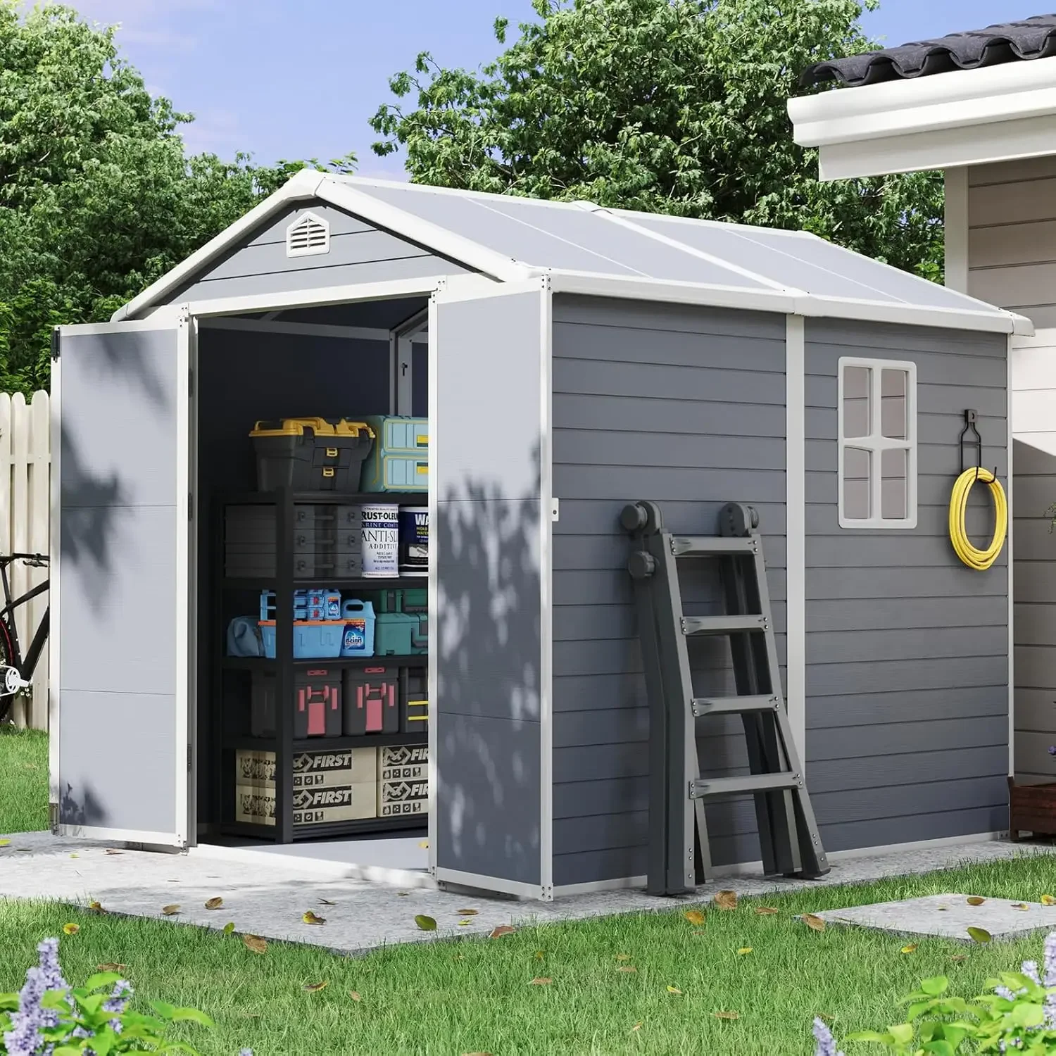 

6×8 FT Outdoor Storage Shed, Resin Shed with Reinforced Floor, All-Weather Plastic Tool Storage with Lockable Door,, Custom
