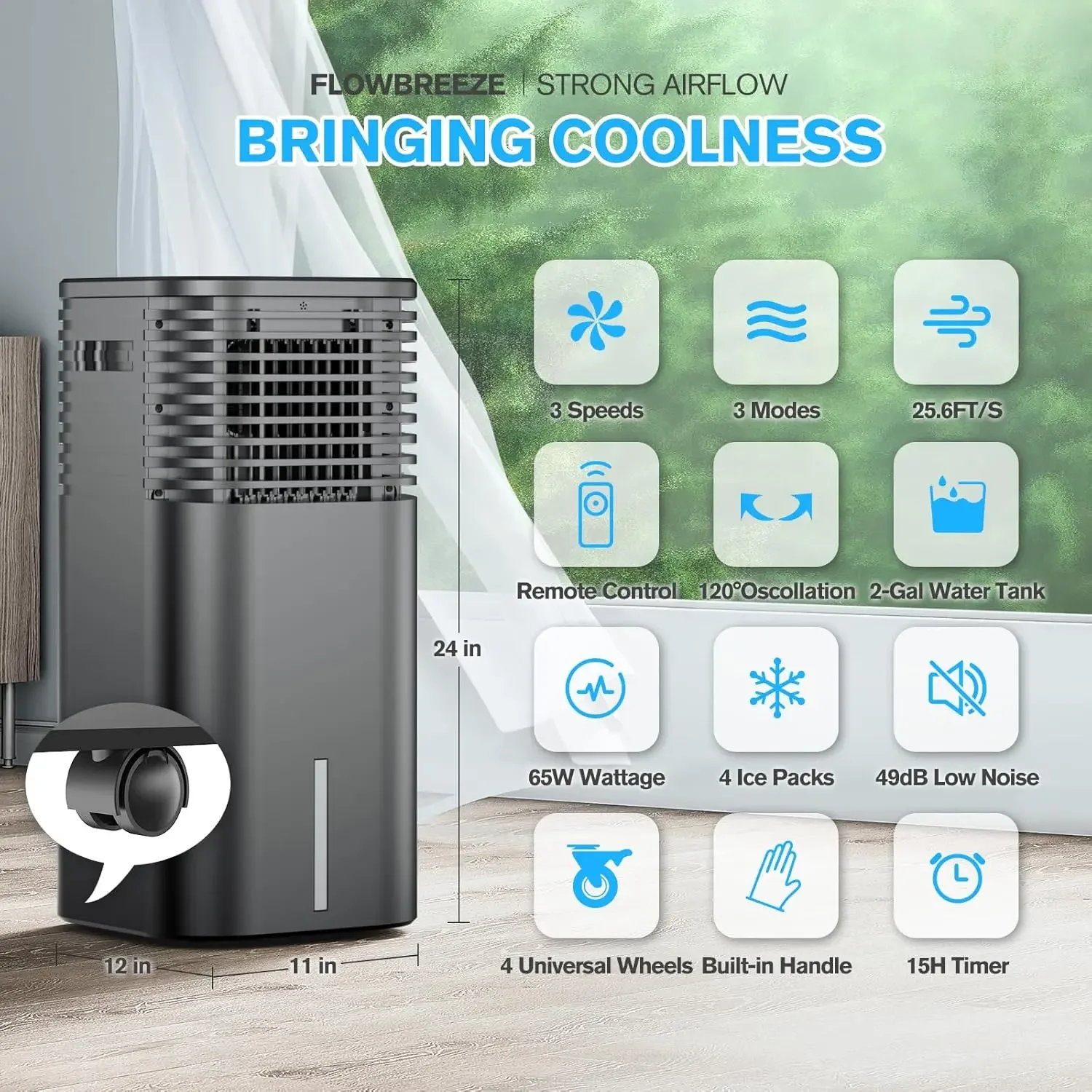 Portable Air Conditioner, 15H Timer & 120°Oscillation, 3-IN-1 Portable AC Unit with Remote, 2-Gal Tank, 3 Modes & 3 Speeds