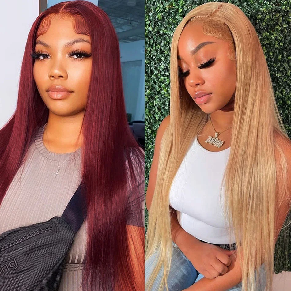 

13x4 99j Burgundy And 27# Honey Blonde Colored Human Hair Wigs Lace Front Human Hair Wig HD Lace Frontal Colored Human Hair Wigs