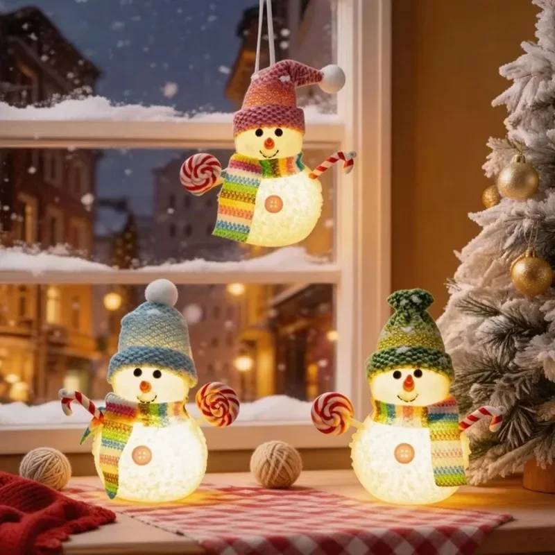 LED Christmas Snowman Lights Hanging Ornament Warm White Glowing Handmade for Tree Window Sill Holiday Decor