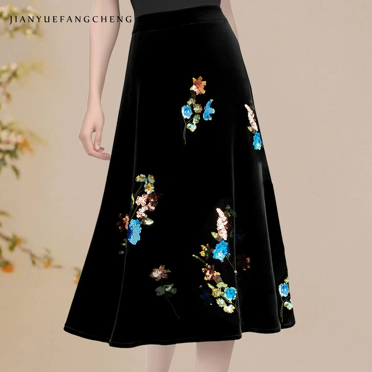 Luxury Sequined Women Fall New Black Velvet Skirt High Waist A-line Midi Skirts Retro Casual Evening Skirts