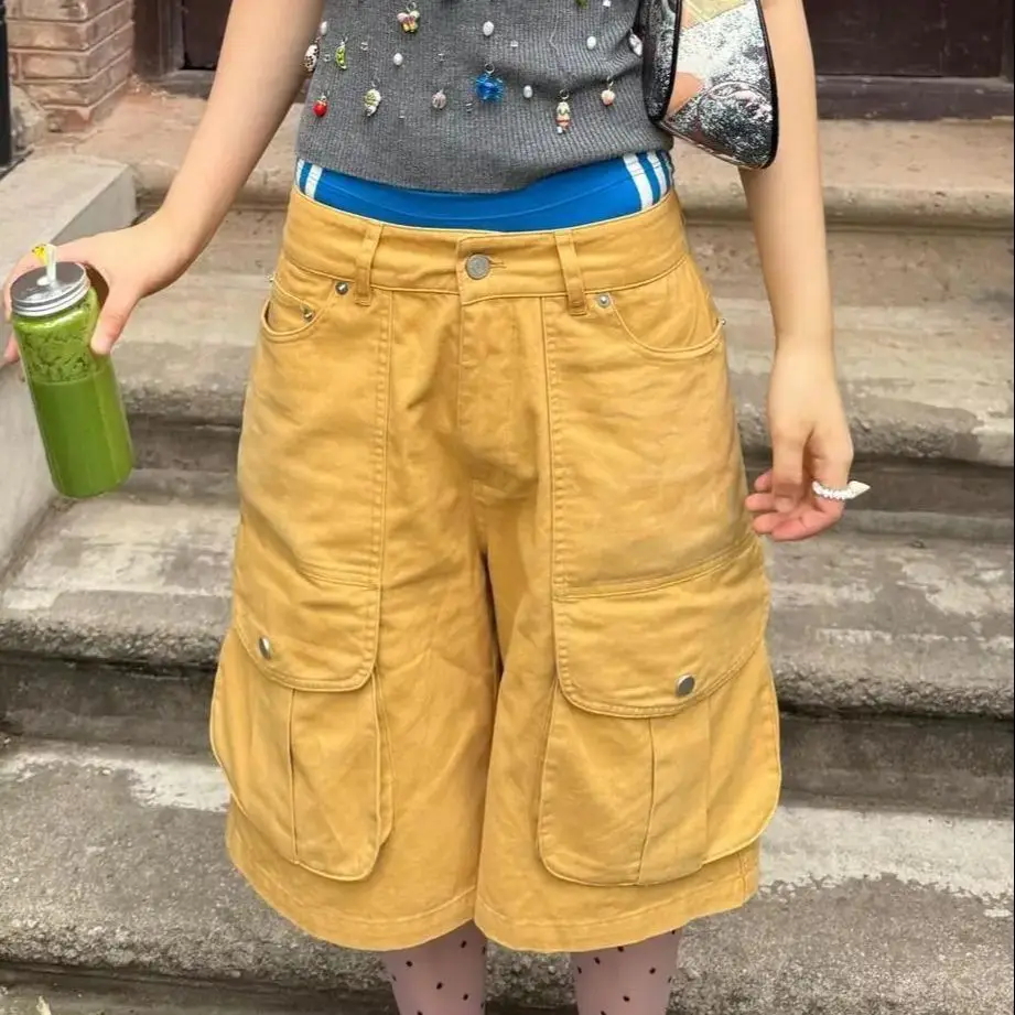 

American Washing Multi-Pocket Work-Fitting Five-Point Pants Women Summer New Street Straight-Leg Loose Wide-Leg Mid-Leg Pants