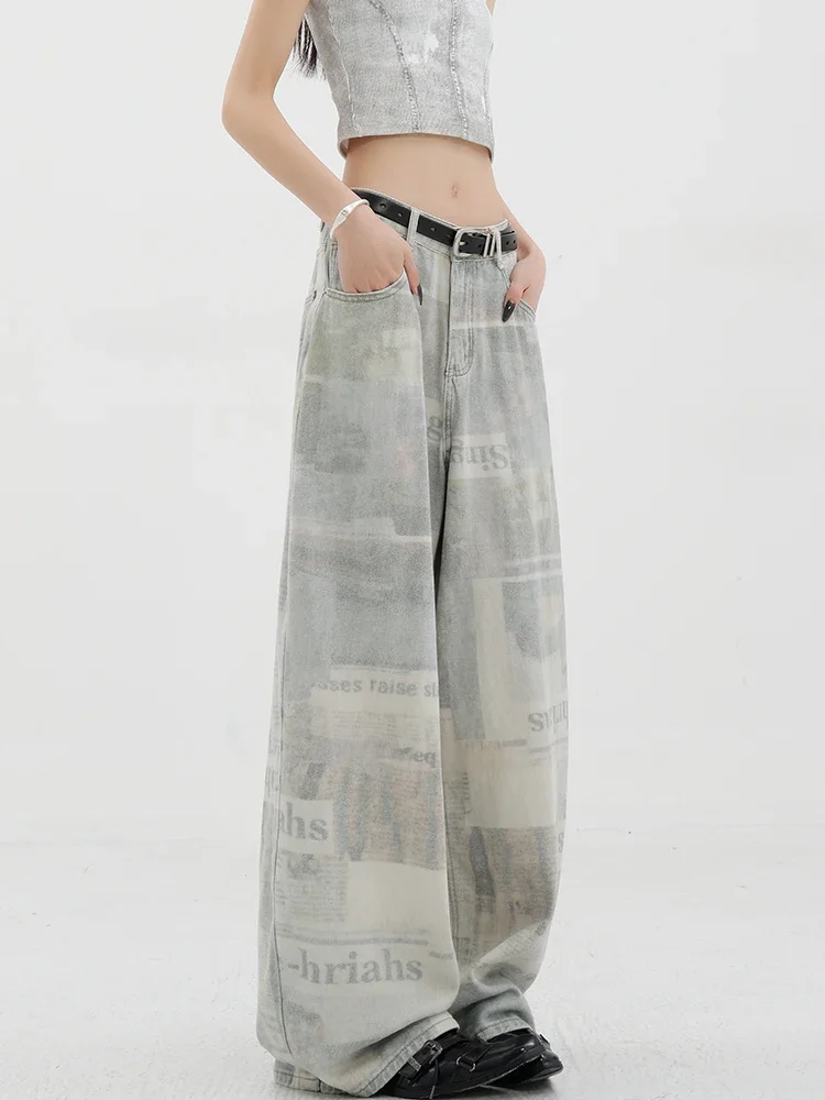 

American new newspaper printing design wide-leg jeans women's versatile drape and thin straight floor pants