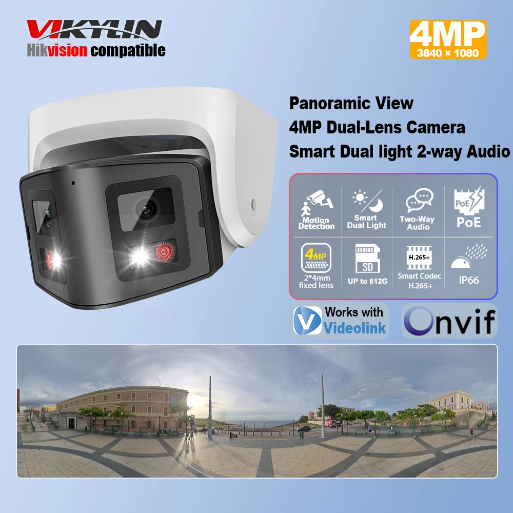 VIKYLIN 180° Panoramic View 4MP Dual-Lens PoE Security IP Camera CCTV Home Outdoor Video Surveillance POE Security camera Onvif