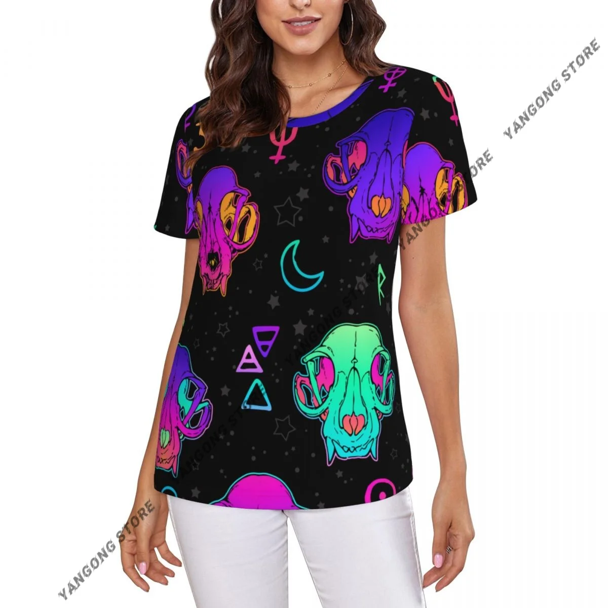 Women's T-shirt Neon Skulls And Esoteric Symbols Tshirt Women Casual O-Neck Short Sleeve Tops Tees Clothing