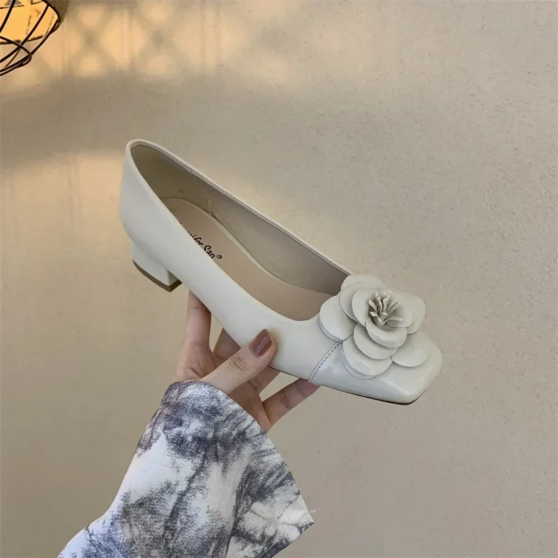 New Women Gentle Low-heeled High-heeled Shoes Fashion Shoes French Style Square Toe Shallow Mouth Thick Heel White Single Shoes