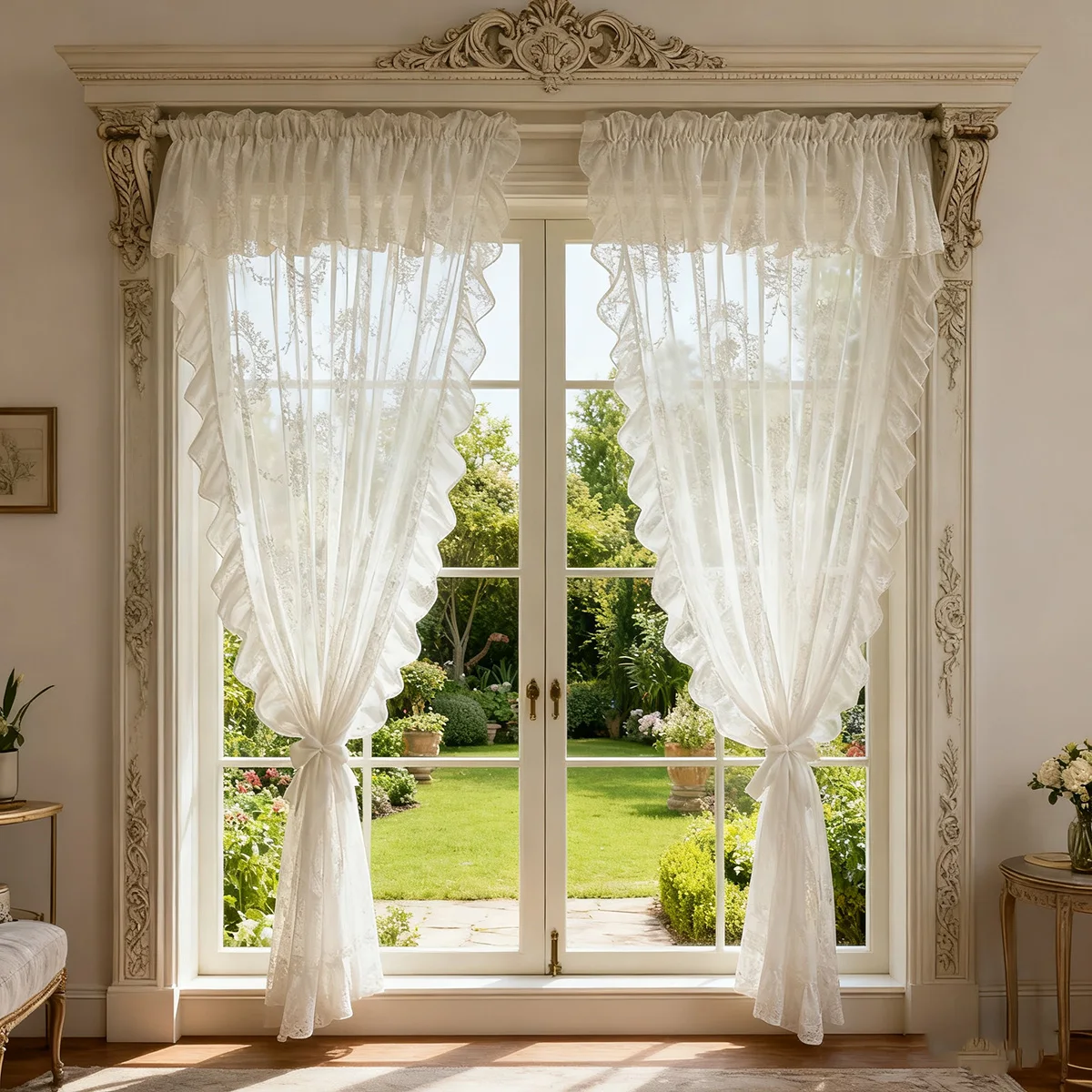 1Pc,French Romantic Ruffled Lace Trim Sheer Curtains For Bedroom, Korean Style Vintage  Home Curtain Decor For Living Room