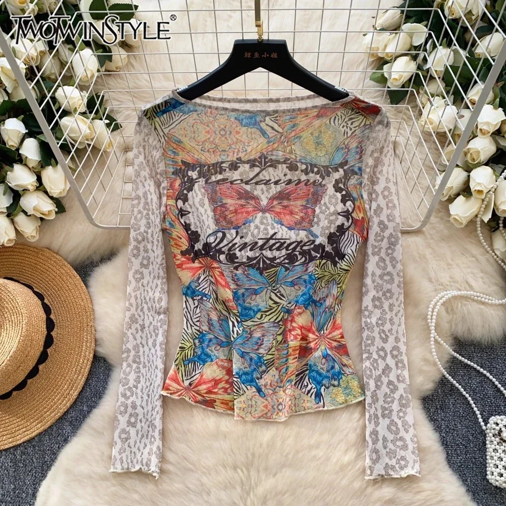 

TWOTWINSTYLE Floral Printted Sexy T Shirts For Women O Neck Long Sleeve Pullover High Street T Shirts Female Fashion KTS523797