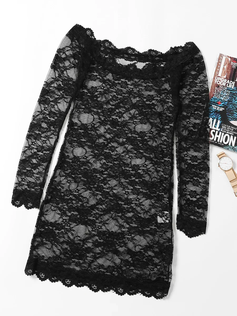 Mono transparente de encaje de manga larga negro para mujer, pijama Sexy misterioso, lencería con hombros descubiertos, mono de noche