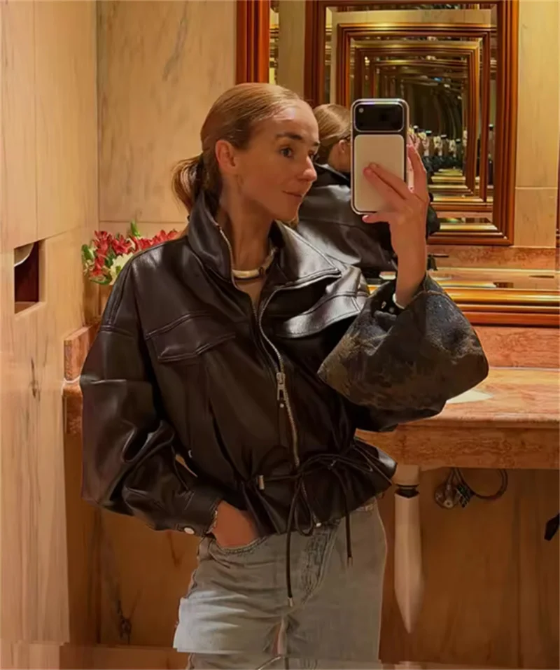 Guobioziy 2026 Fall New Women's Jacket Long-Sleeve Faux Leather Belted Biker Jacket Parka Stylish and Trendy