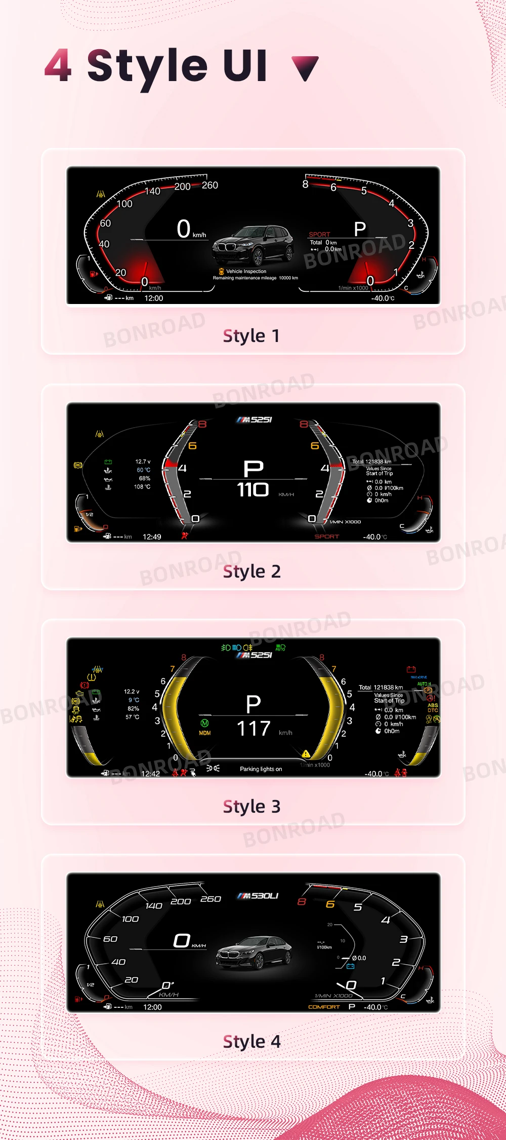 BONROAD 12,3 Zoll 1920*720P Auto-Armaturenbrett-Tachometer LCD-Anzeige für BMW F10 F11 F12 F18 Digitales Kombiinstrument – Detail 8