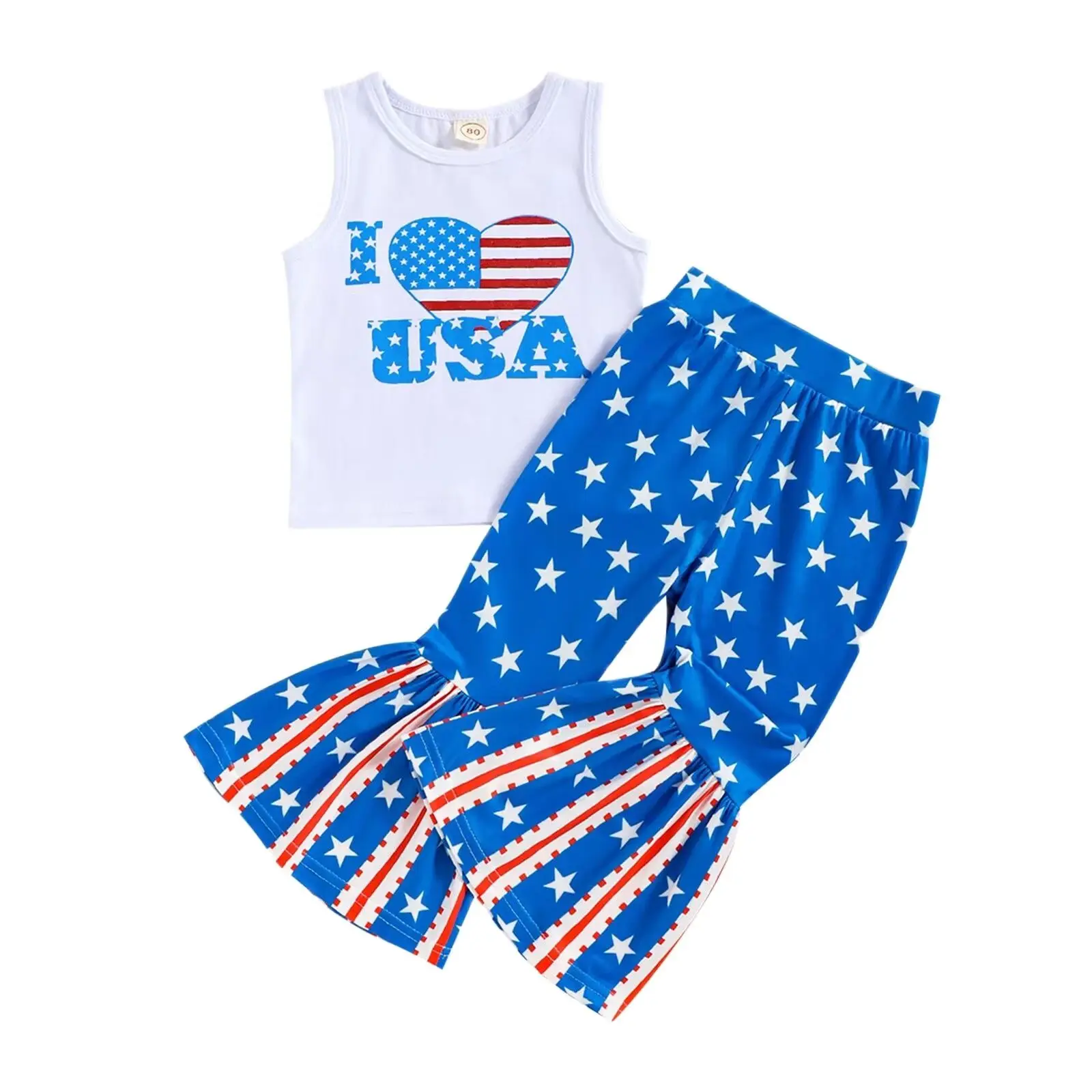 

Independence Day Collection Summer Boutique Girls Children's Wear White Sleeveless Top Flag Pattern Printed Flared Pants Two-Pie