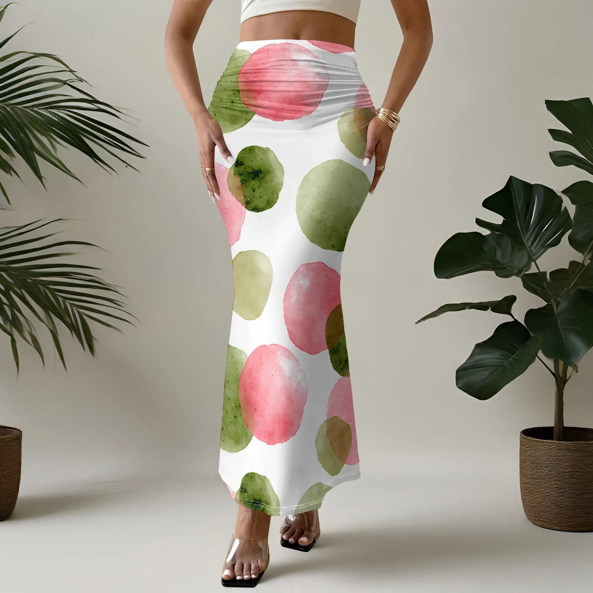 Watercolor Polka Dot Print Skirt Artistic Abstract Pattern Midi Skirt Pink Green Circle Design Women's Skirt Summer Beach Wear