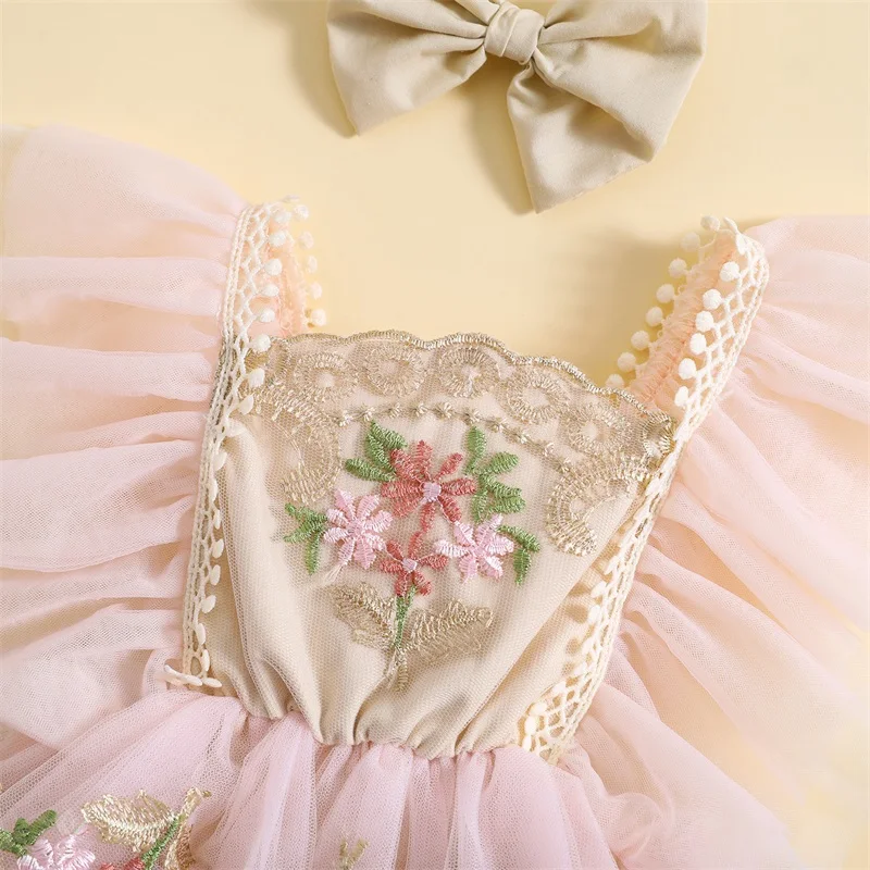 Newborn Infant Baby Girl Outfit, Embroidery Flower Fly Sleeve Romper with Bowknot Hairband Summer Clothes 0-24M