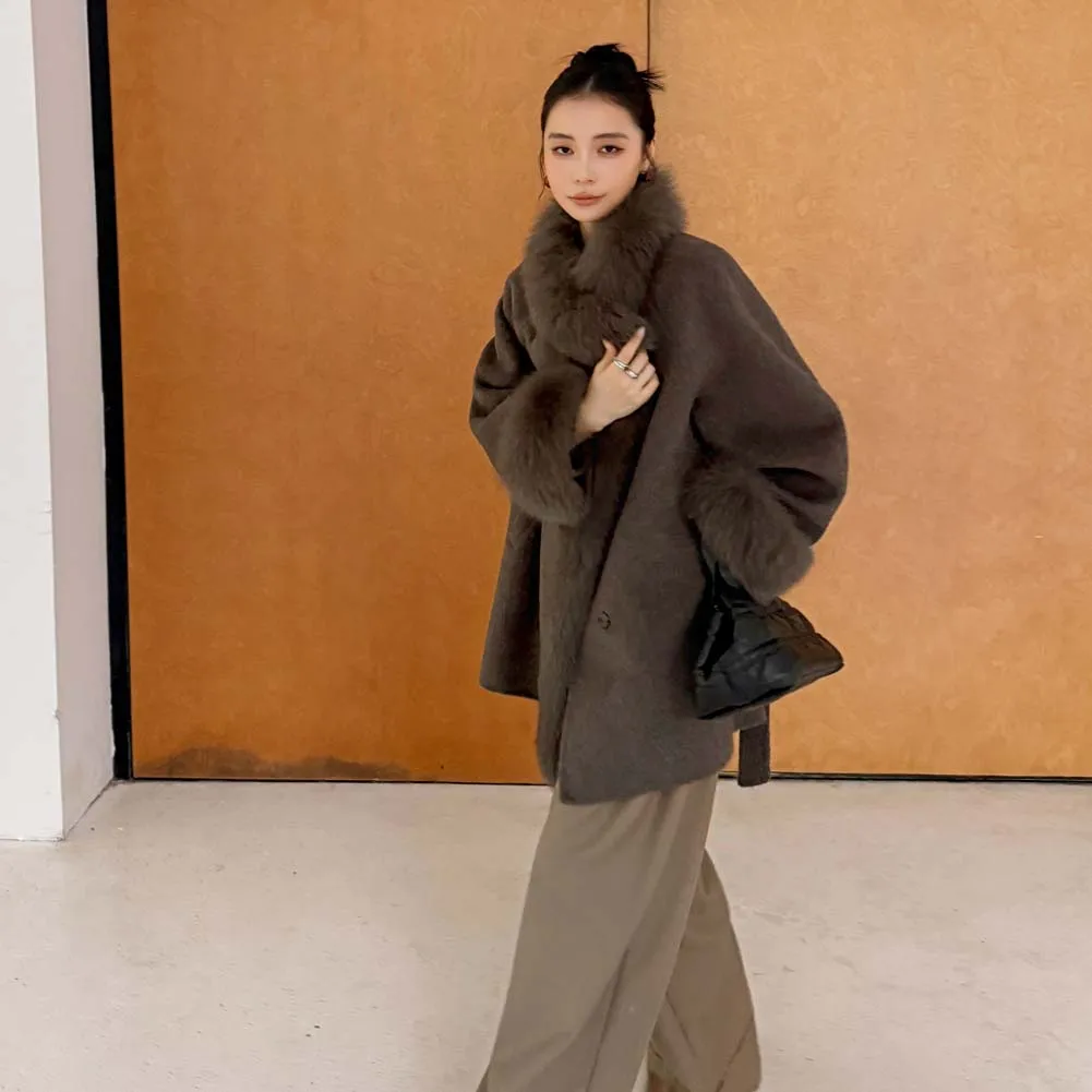 2025秋冬新作 両面ウールカシミヤコート ミドル丈 フォックスファー襟付き ウールコート レディース