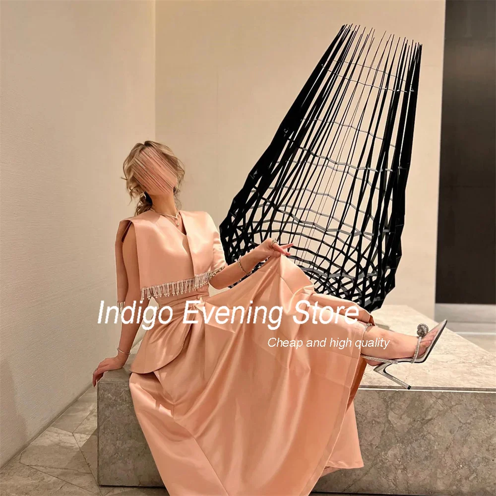 Indigo Prom Dresses A-Line Sleeveless V-Neck Split Beading Satin Button Elegant Evening Gown For Women فساتين الس Customized