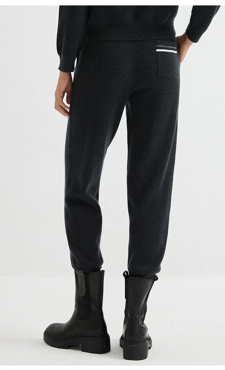 BD3621776 Damen 100% Wolle Englische Rippstruktur Schmal Geschnittene Hose Elastischer Bund Kontrast-Tasche Kettenbesatz Zweifarbig Frühherbst – Detail 8