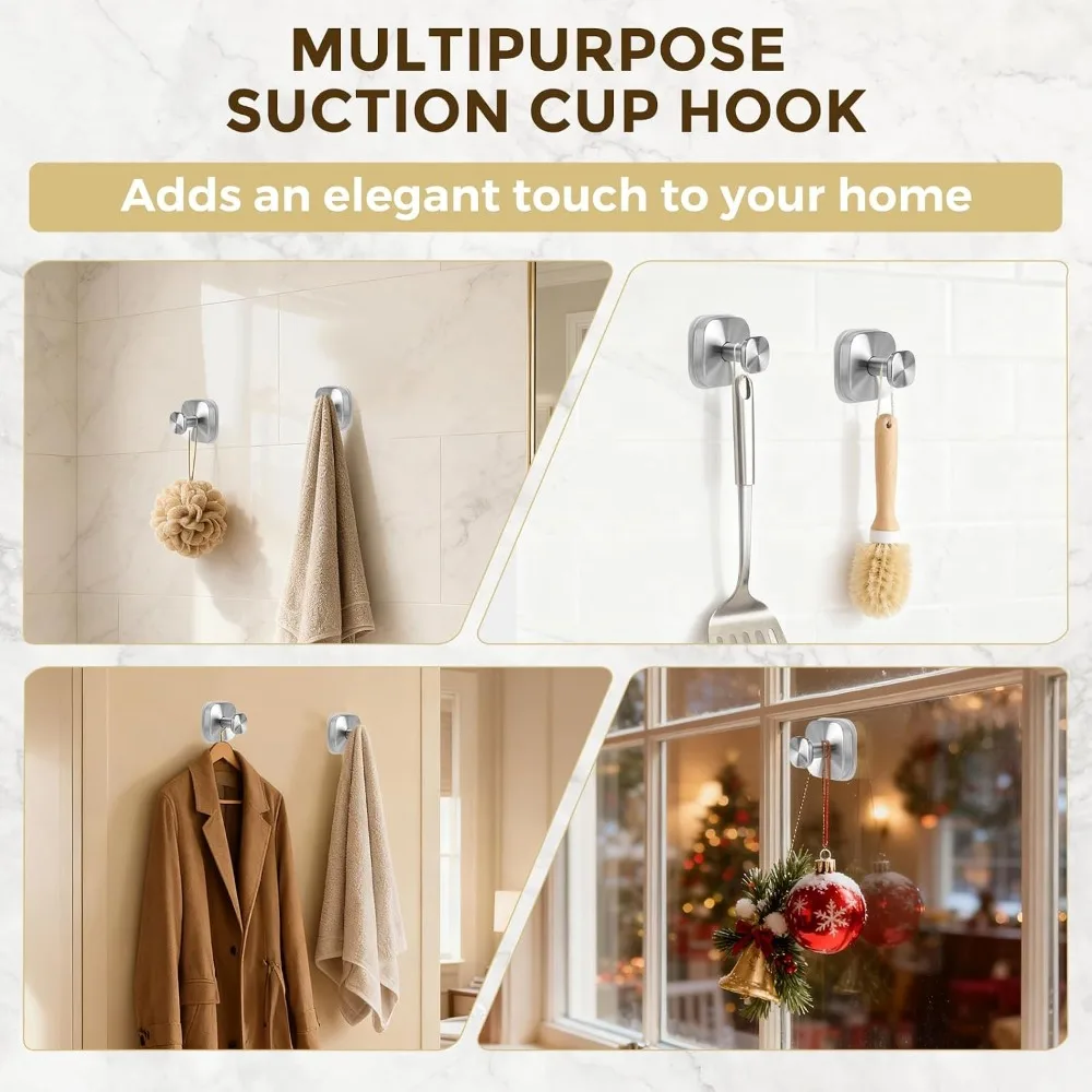 Suction Cup Hooks for Shower, No-Drill Towel Hooks for Bathroom, Kitchen, Glass Door, Mirror, Tile, Hanging Towels, Robe, Loofah, Christmas Wreath, 4 Pack view 6