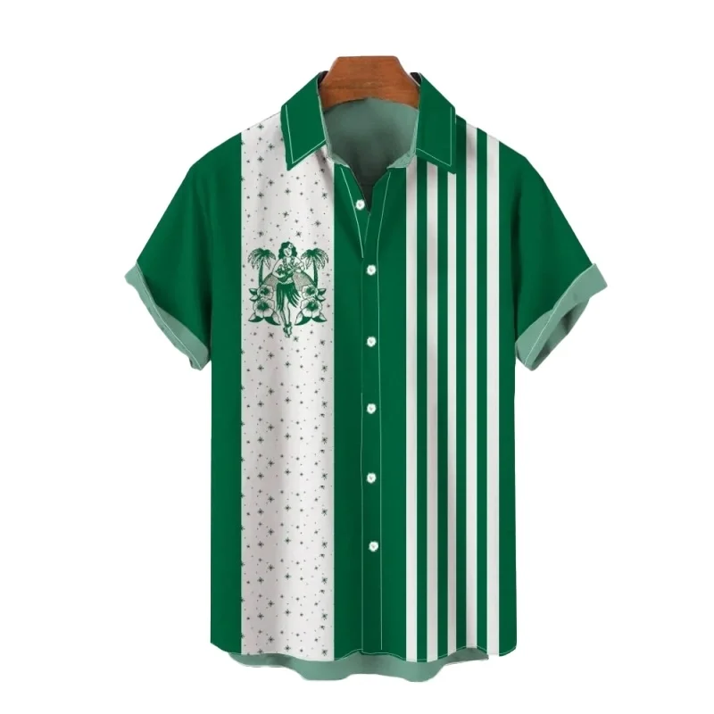 Street High Street Style Contrasting Color Vertical Pattern Men's Short Sleeved Shirt Beach Travel Loose Collared Shirt