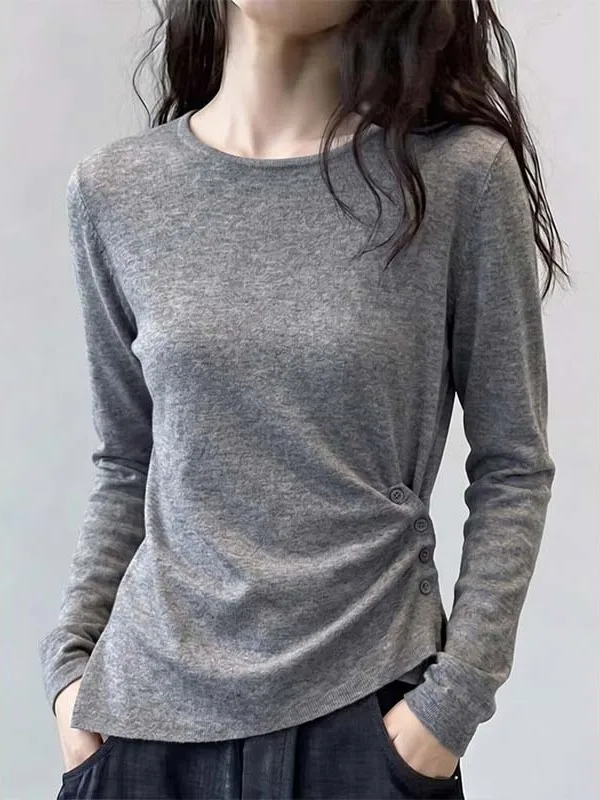 plus Size Women's Long Sleeve T-Shirt Grey Asymmetrical Base Shirt Slim Fit High Waist round Neck Korean Style Commute Fashion