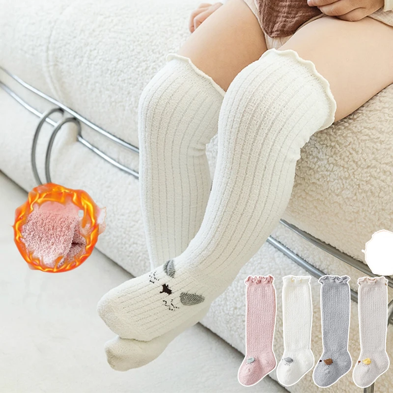 

3 Pairs Baby Knee-High Socks Set for Winter Thick Cotton Soft Unisex Boys & Girls Cartoon Face Pattern Warm Footwear for Infants