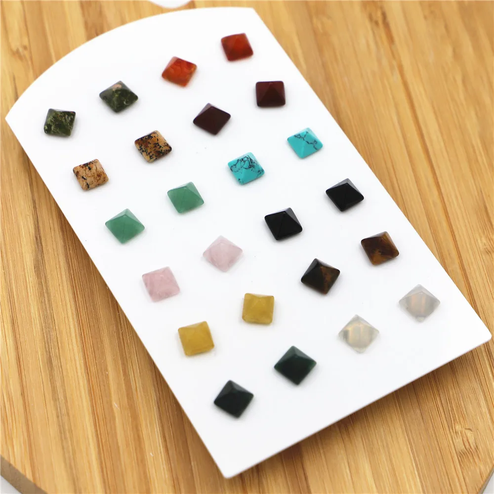 New Simple Trendy Geometric 8*8mm Natural Stone Stud Earrings Pyramid Mix Color for Women Fashion Cute Small Wholesale 12Pair
